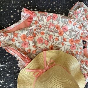 Tommy Bahama Girls Floral Rashguard in Coral and Cream with matching hat